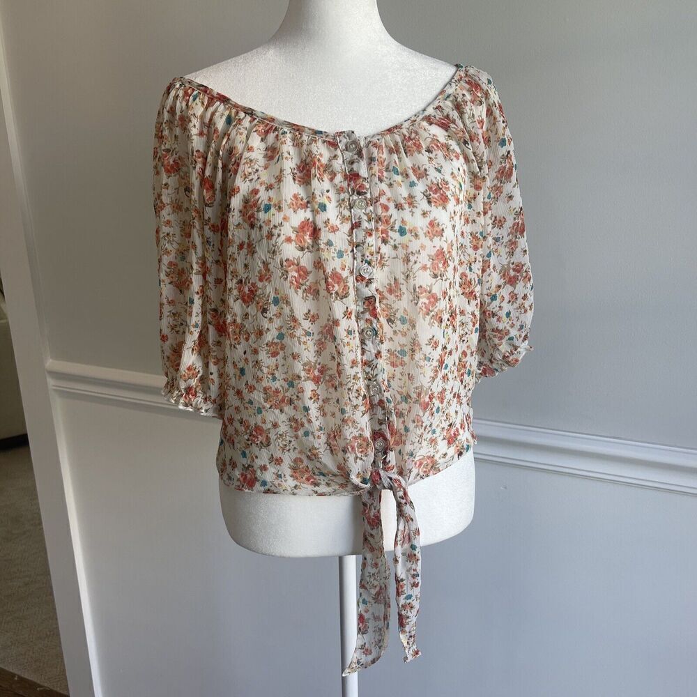 Poetry Large Sheer Ditsy Floral Tie Front Cropped Blouse Dainty Cottage Core